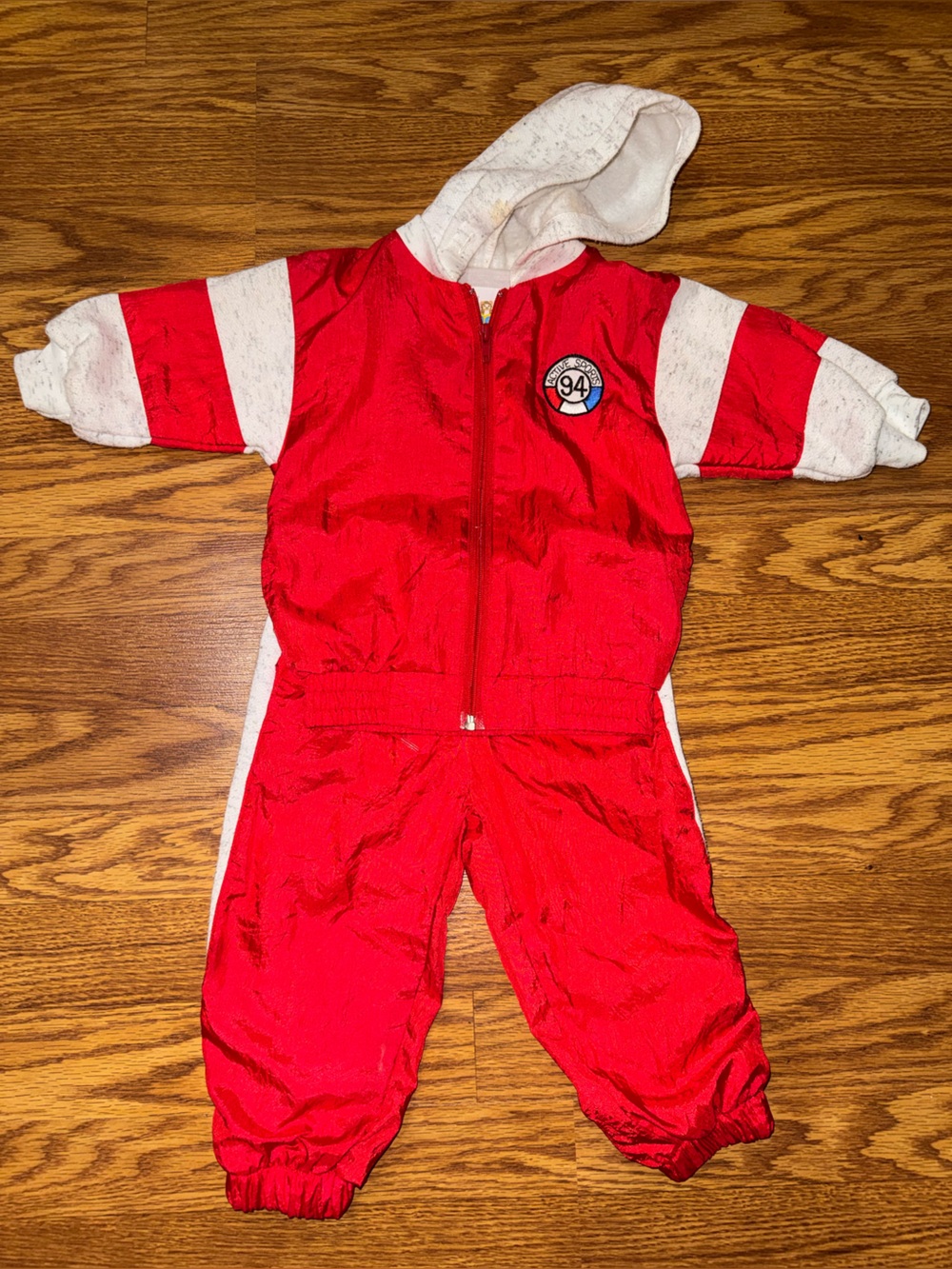 Red Hooded Kids One-Piece Footie with White Accents